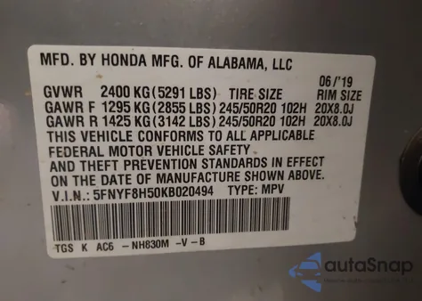 2019 Honda Passport Ex-L from USA, damaged, VIN 5FNYF8H50KB020494